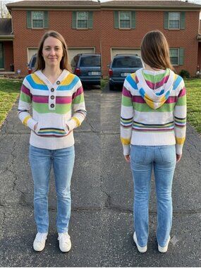 Aeropostale Striped Knit Hoodie Sweater Henley Button White Multi-Color Small